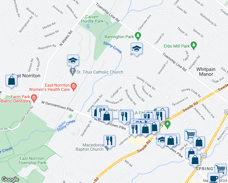 map of restaurants, bars, coffee shops, grocery stores, and more near 3011 Cottage Lane in East Norriton