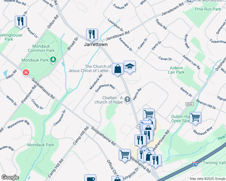 map of restaurants, bars, coffee shops, grocery stores, and more near 1437 Southwind Way in Dresher