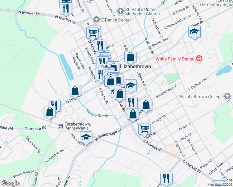 map of restaurants, bars, coffee shops, grocery stores, and more near 105 South Market Street in Elizabethtown
