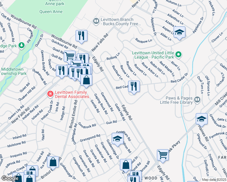 map of restaurants, bars, coffee shops, grocery stores, and more near 2 Red Cedar Drive in Levittown