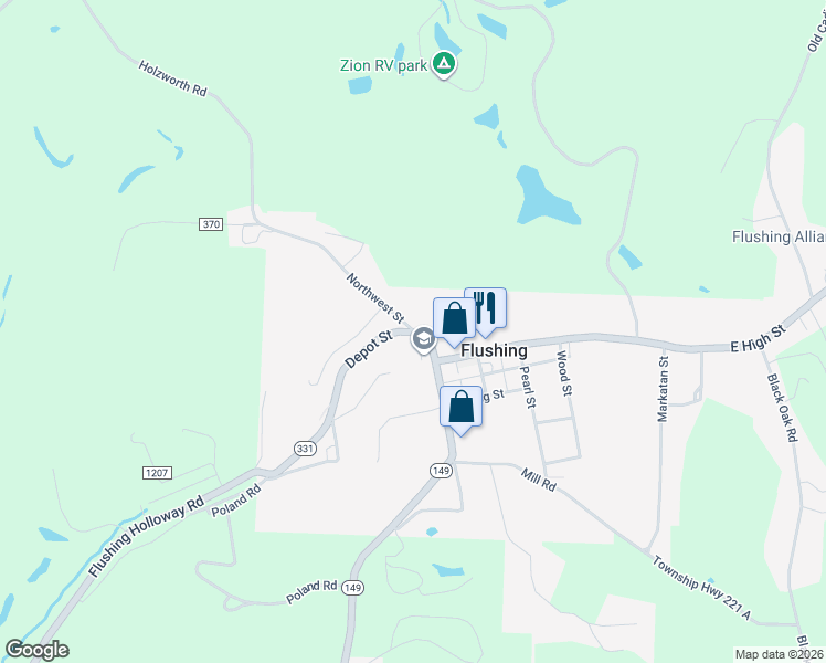 map of restaurants, bars, coffee shops, grocery stores, and more near 110 Northwest Street in Flushing