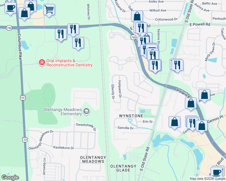 map of restaurants, bars, coffee shops, grocery stores, and more near Ellersly Drive in Lewis Center