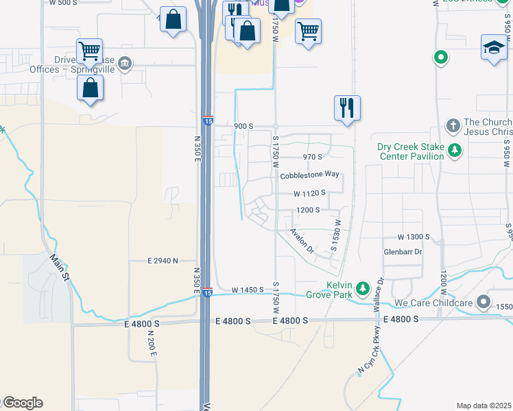 map of restaurants, bars, coffee shops, grocery stores, and more near 1830 1120 South in Springville