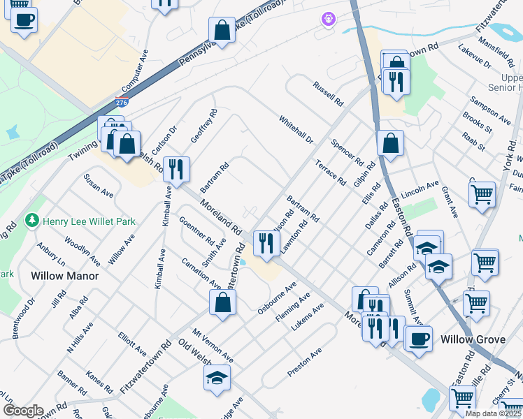 map of restaurants, bars, coffee shops, grocery stores, and more near 116 Fitzwatertown Road in Willow Grove