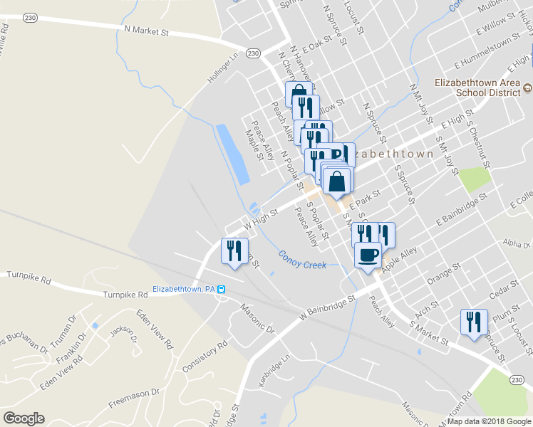 map of restaurants, bars, coffee shops, grocery stores, and more near 127 Highway 241 in Elizabethtown