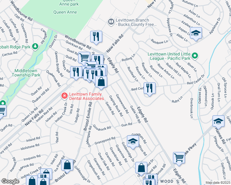 map of restaurants, bars, coffee shops, grocery stores, and more near 77 Gamewood Road in Levittown