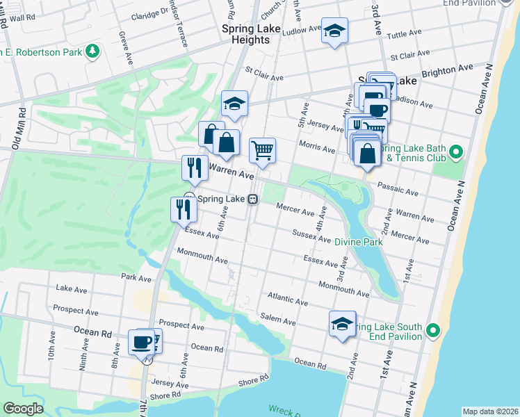 map of restaurants, bars, coffee shops, grocery stores, and more near in Spring Lake Heights