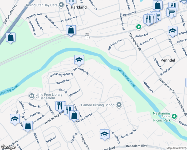 map of restaurants, bars, coffee shops, grocery stores, and more near 3036 Wistar Court in Bensalem