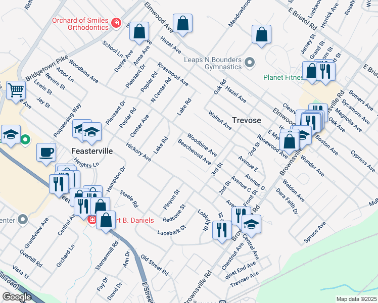 map of restaurants, bars, coffee shops, grocery stores, and more near 427 Beechwood Avenue in Trevose