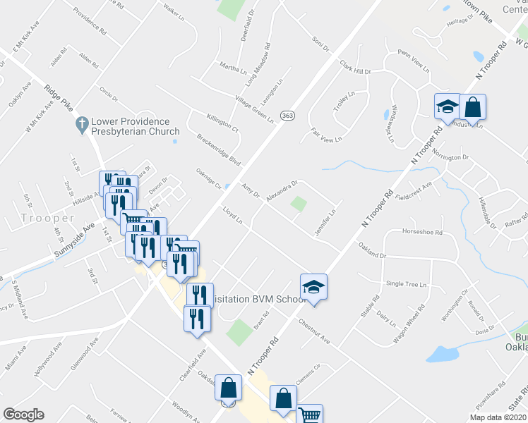 map of restaurants, bars, coffee shops, grocery stores, and more near 2656 Amy Dr in Norristown