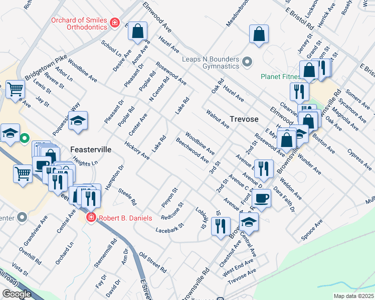 map of restaurants, bars, coffee shops, grocery stores, and more near 427 Beechwood Avenue in Trevose