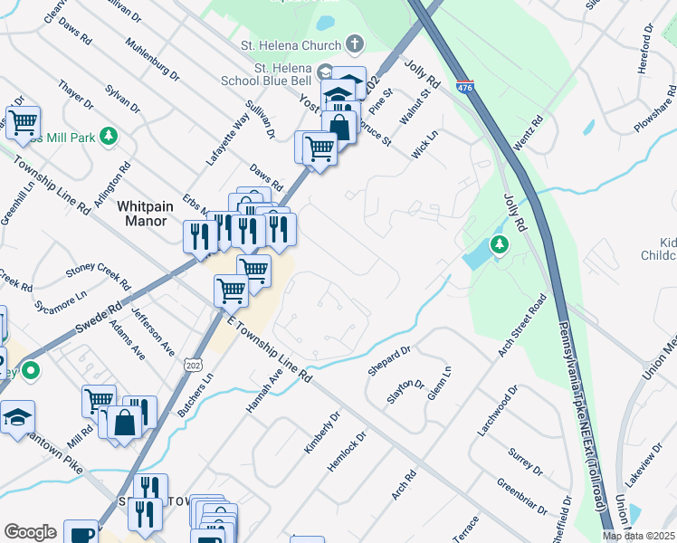 map of restaurants, bars, coffee shops, grocery stores, and more near 1334 Cernan Lane in Blue Bell