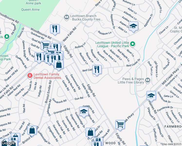 map of restaurants, bars, coffee shops, grocery stores, and more near 6 Roundabout Lane in Levittown