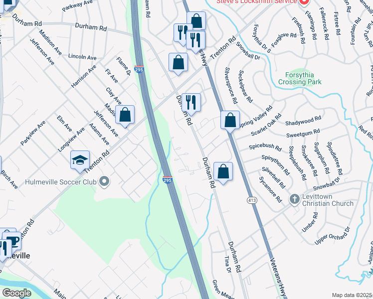 map of restaurants, bars, coffee shops, grocery stores, and more near 100 Hollybrooke Drive in Langhorne