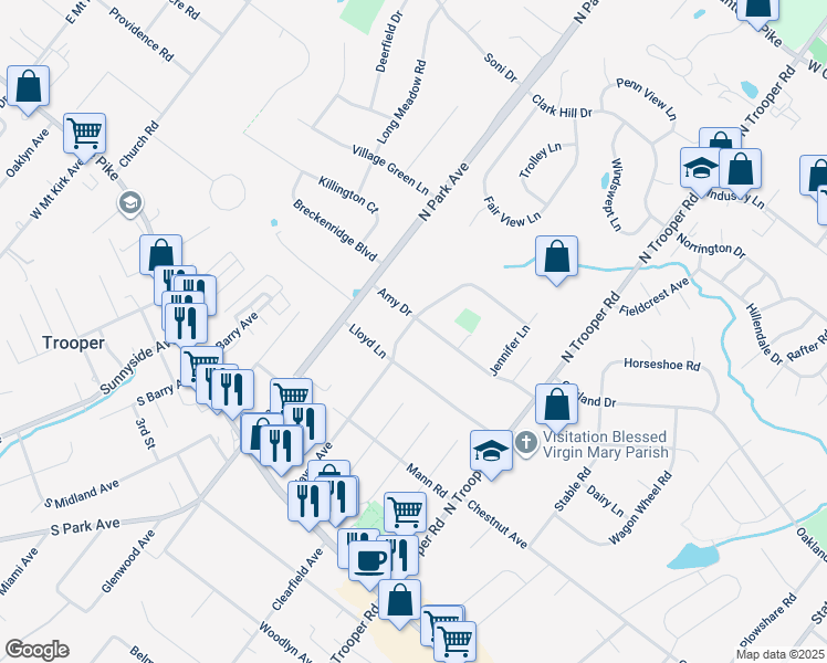 map of restaurants, bars, coffee shops, grocery stores, and more near 2656 Amy Dr in Norristown