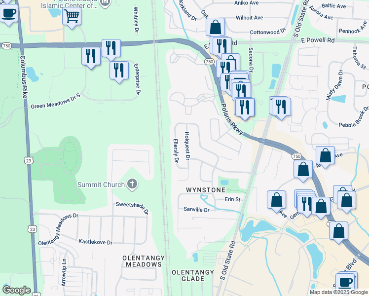 map of restaurants, bars, coffee shops, grocery stores, and more near 9076 Holquest Drive in Lewis Center