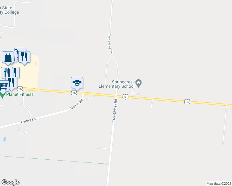 map of restaurants, bars, coffee shops, grocery stores, and more near 8044 Troy-Sidney Road in Piqua
