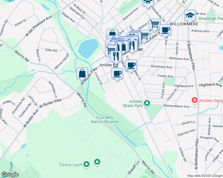map of restaurants, bars, coffee shops, grocery stores, and more near 216 South Chestnut Street in Ambler
