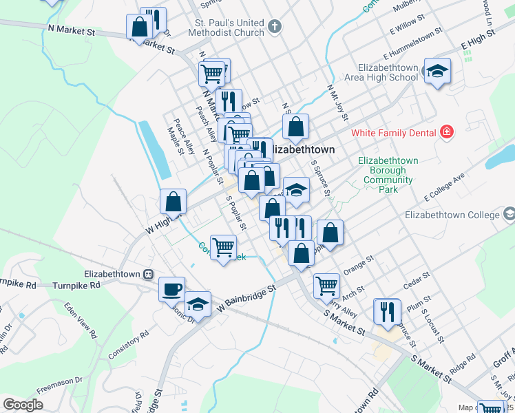 map of restaurants, bars, coffee shops, grocery stores, and more near 54 South Market Street in Elizabethtown