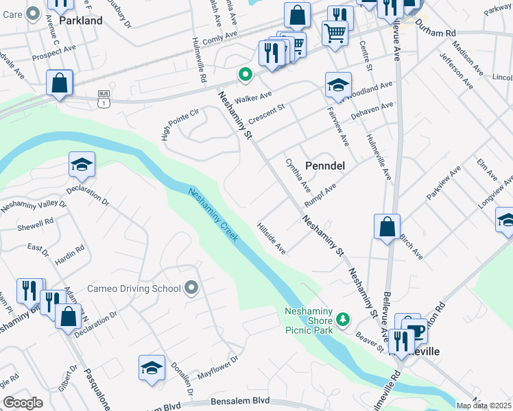 map of restaurants, bars, coffee shops, grocery stores, and more near 661 Pennhill Drive in Langhorne