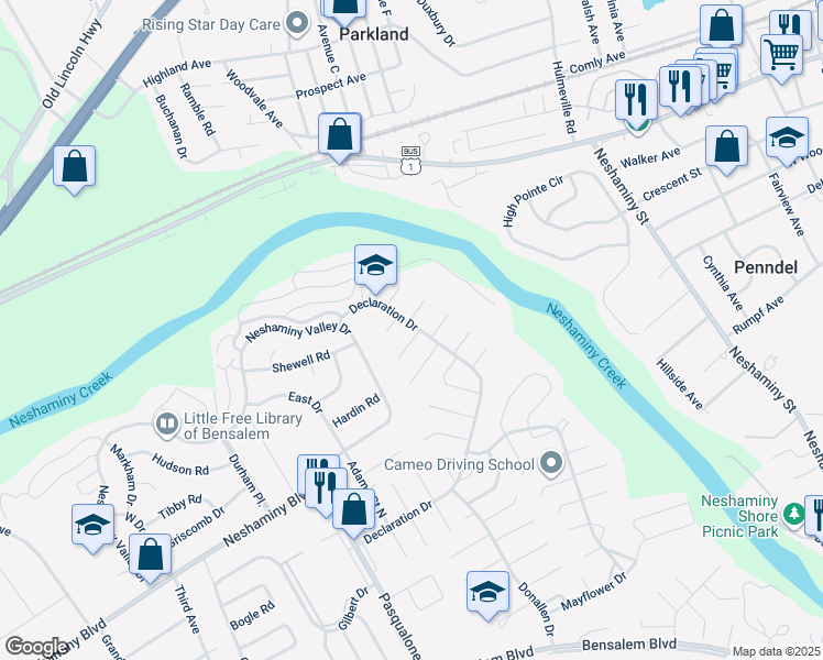 map of restaurants, bars, coffee shops, grocery stores, and more near 2901 Hamilton Court in Bensalem