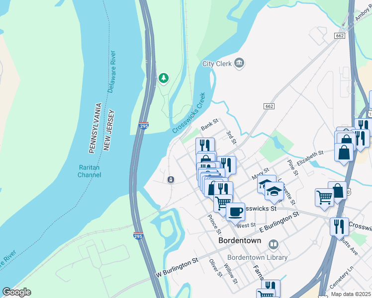 map of restaurants, bars, coffee shops, grocery stores, and more near Farnsworth Avenue & Hilltop Street in Bordentown