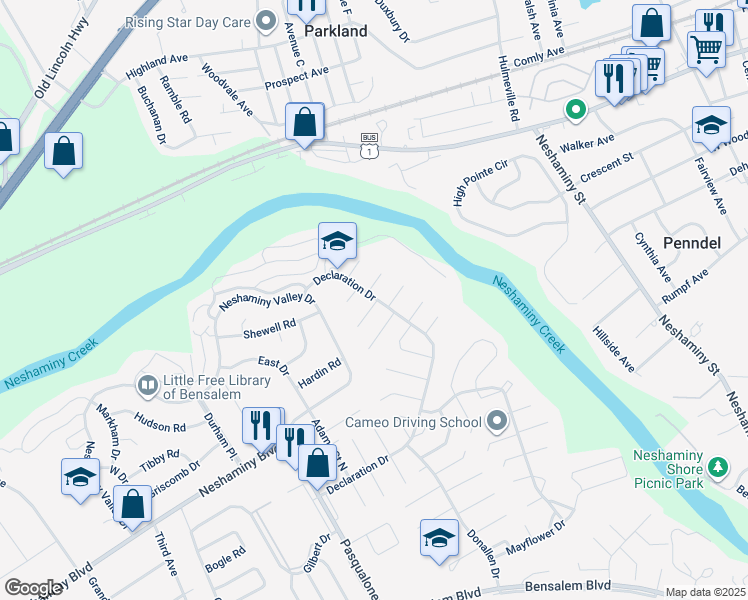 map of restaurants, bars, coffee shops, grocery stores, and more near 2909 Hamilton Court in Bensalem