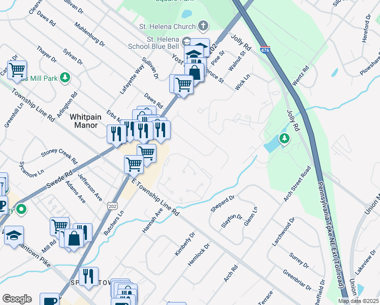 map of restaurants, bars, coffee shops, grocery stores, and more near 1340 Cernan Lane in Blue Bell