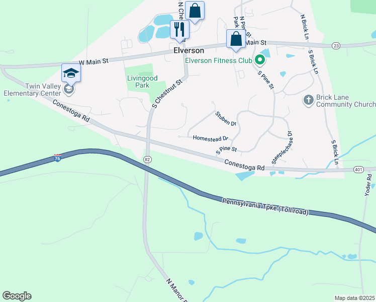 map of restaurants, bars, coffee shops, grocery stores, and more near Conestoga Road in Elverson