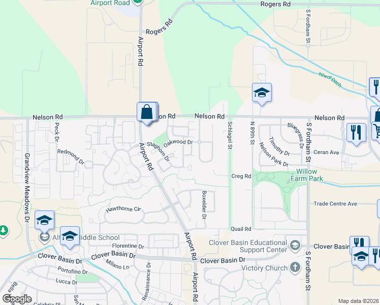 map of restaurants, bars, coffee shops, grocery stores, and more near 718 Boxwood Lane in Longmont