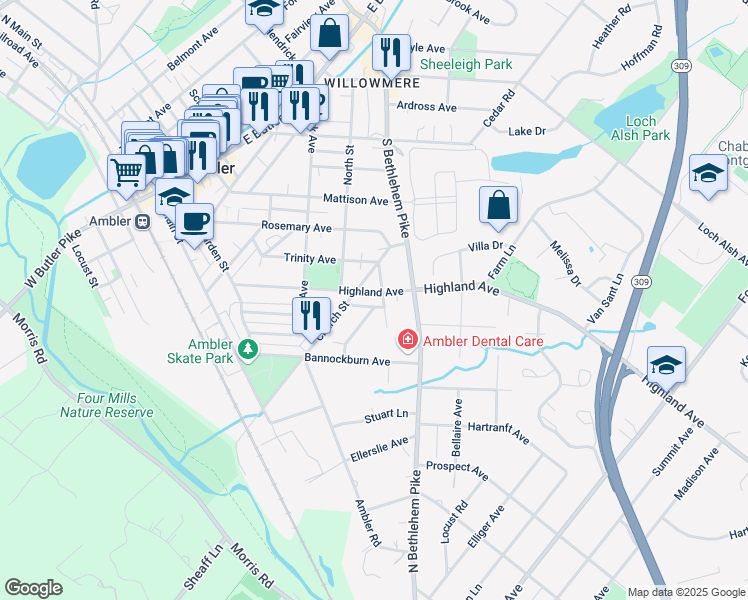 map of restaurants, bars, coffee shops, grocery stores, and more near 506 Trinity Place in Ambler