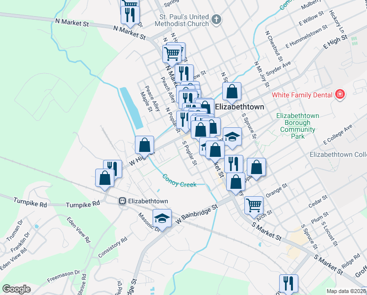 map of restaurants, bars, coffee shops, grocery stores, and more near 122 West High Street in Elizabethtown