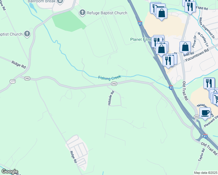 map of restaurants, bars, coffee shops, grocery stores, and more near 30 Ramblewood Drive in Goldsboro