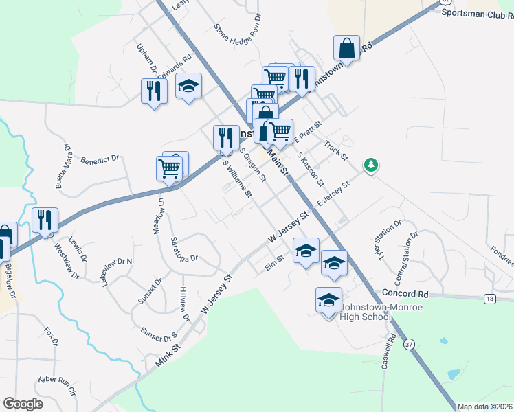map of restaurants, bars, coffee shops, grocery stores, and more near 91 West College Avenue in Johnstown