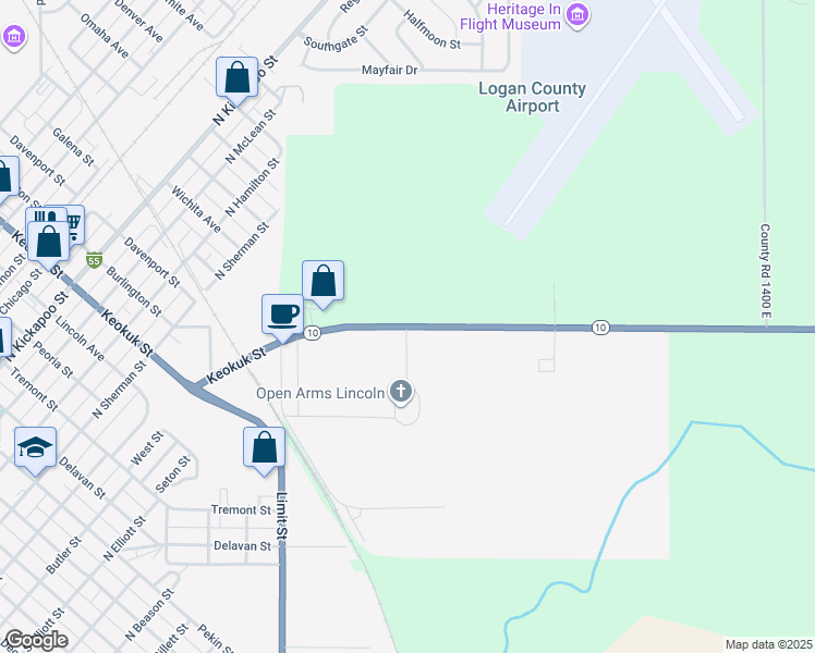 map of restaurants, bars, coffee shops, grocery stores, and more near 1374 Illinois 10 in Lincoln