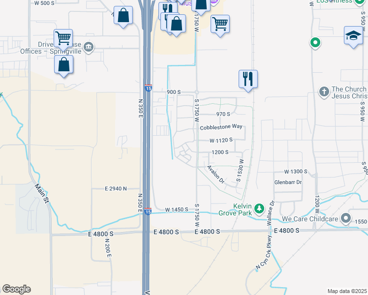 map of restaurants, bars, coffee shops, grocery stores, and more near 1791 West 1200 South in Springville