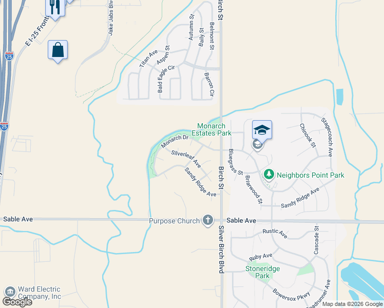 map of restaurants, bars, coffee shops, grocery stores, and more near 4833 Silverleaf Avenue in Longmont