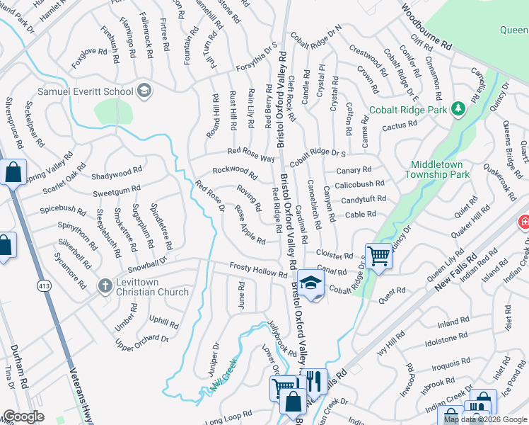 map of restaurants, bars, coffee shops, grocery stores, and more near 49 Roving Road in Levittown
