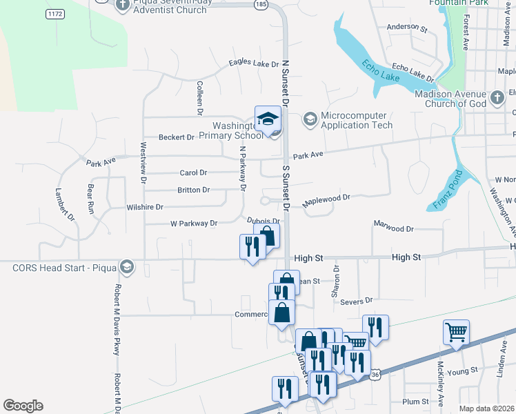 map of restaurants, bars, coffee shops, grocery stores, and more near 405 North Parkway Drive in Piqua