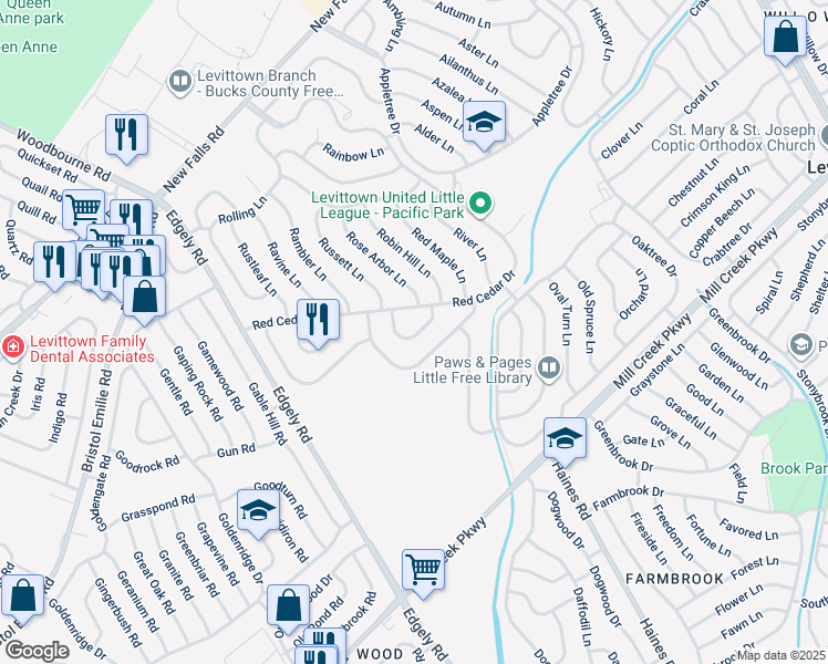 map of restaurants, bars, coffee shops, grocery stores, and more near 25 Ring Lane in Levittown
