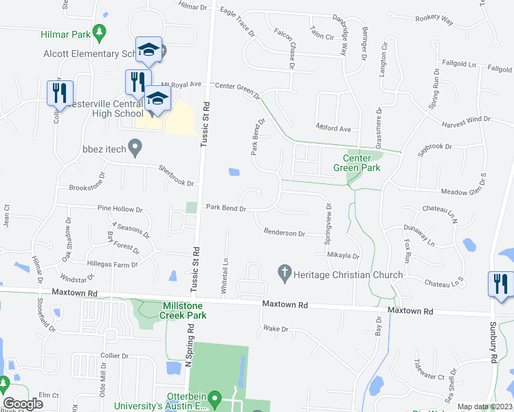 map of restaurants, bars, coffee shops, grocery stores, and more near 7427 Park Bend Drive in Westerville