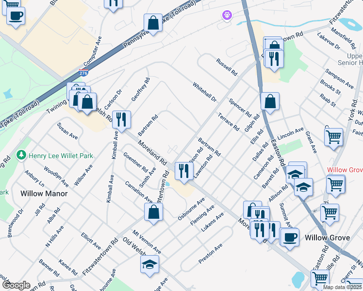 map of restaurants, bars, coffee shops, grocery stores, and more near 22 Fitzwatertown Road in Willow Grove