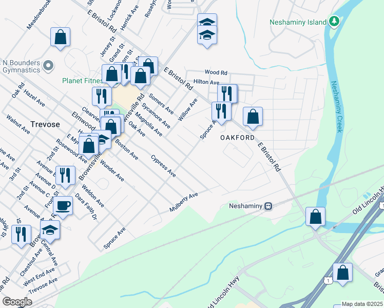 map of restaurants, bars, coffee shops, grocery stores, and more near 4217 Spruce Avenue in Feasterville-Trevose