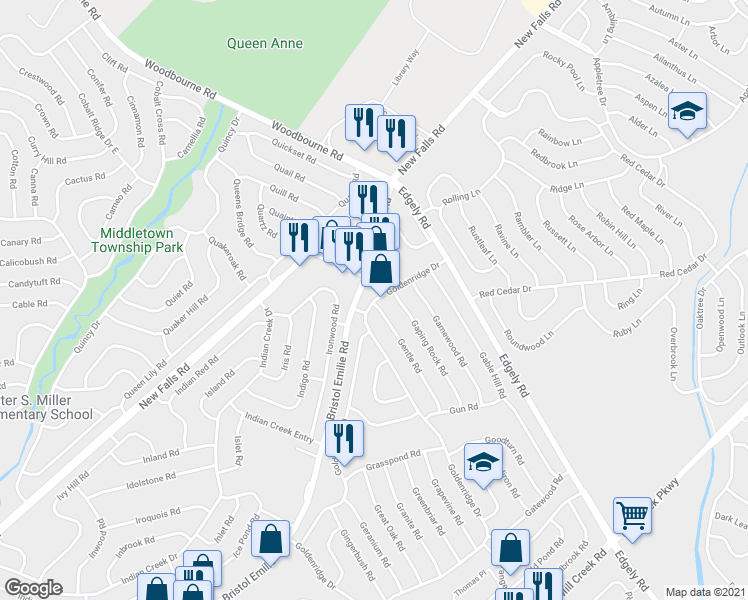 map of restaurants, bars, coffee shops, grocery stores, and more near 315 Goldenridge Dr in Levittown