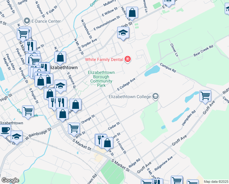 map of restaurants, bars, coffee shops, grocery stores, and more near 658 College Avenue in Elizabethtown