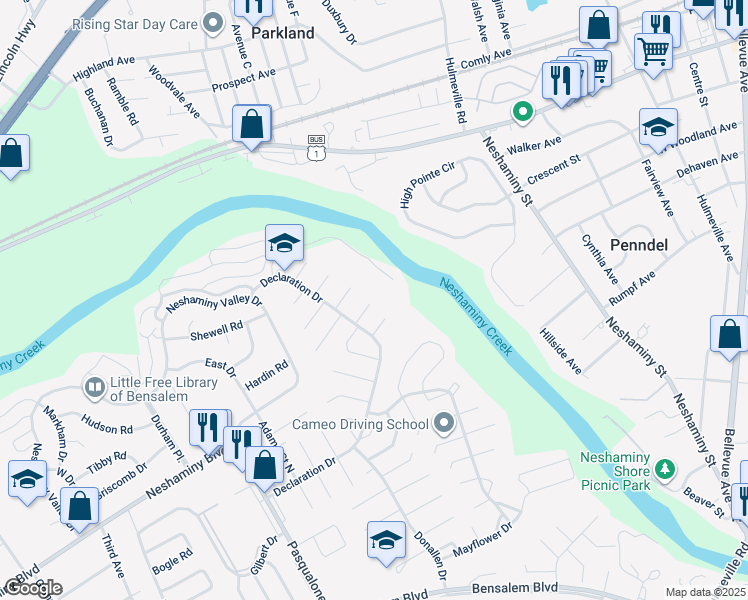 map of restaurants, bars, coffee shops, grocery stores, and more near 3133 Addison Court in Bensalem