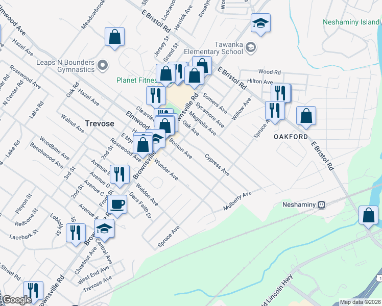 map of restaurants, bars, coffee shops, grocery stores, and more near 4826 Cypress Avenue in Feasterville-Trevose