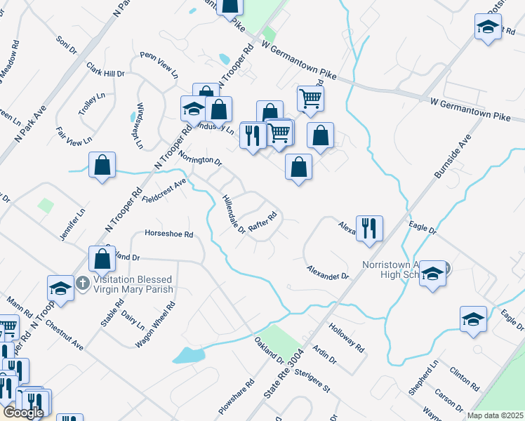 map of restaurants, bars, coffee shops, grocery stores, and more near 938 Craftsman Road in Norristown