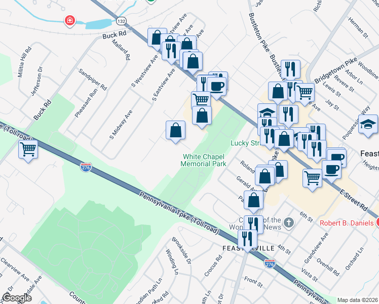 map of restaurants, bars, coffee shops, grocery stores, and more near 101 E Pennsylvania Blvd in Feasterville-Trevose