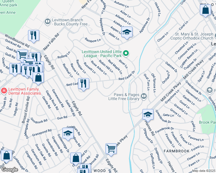 map of restaurants, bars, coffee shops, grocery stores, and more near 25 Ring Lane in Levittown